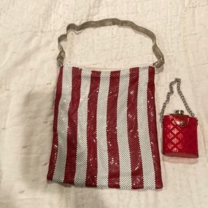 Whiting & Davis chain red and white purse with add on flask with chain.